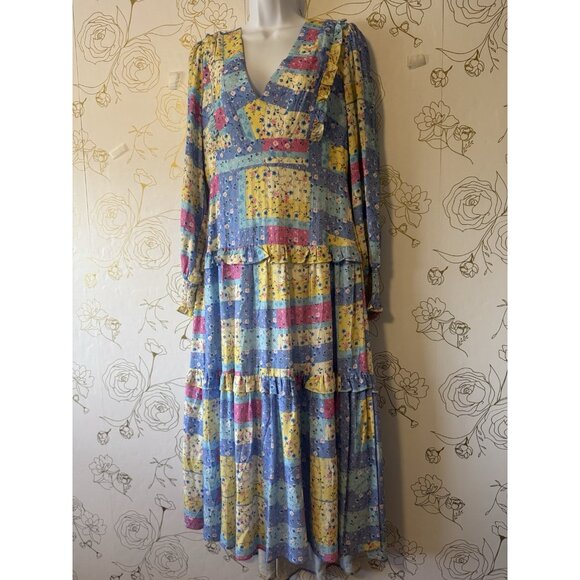 BTFL-Life Dress Size Medium Anthropologie Patchwork Pastel  Long Sleeve Midi - Picture 1 of 6
